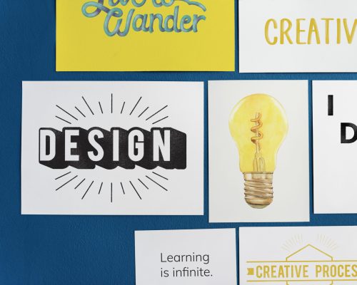 Hand drawn sketches on a blue wall